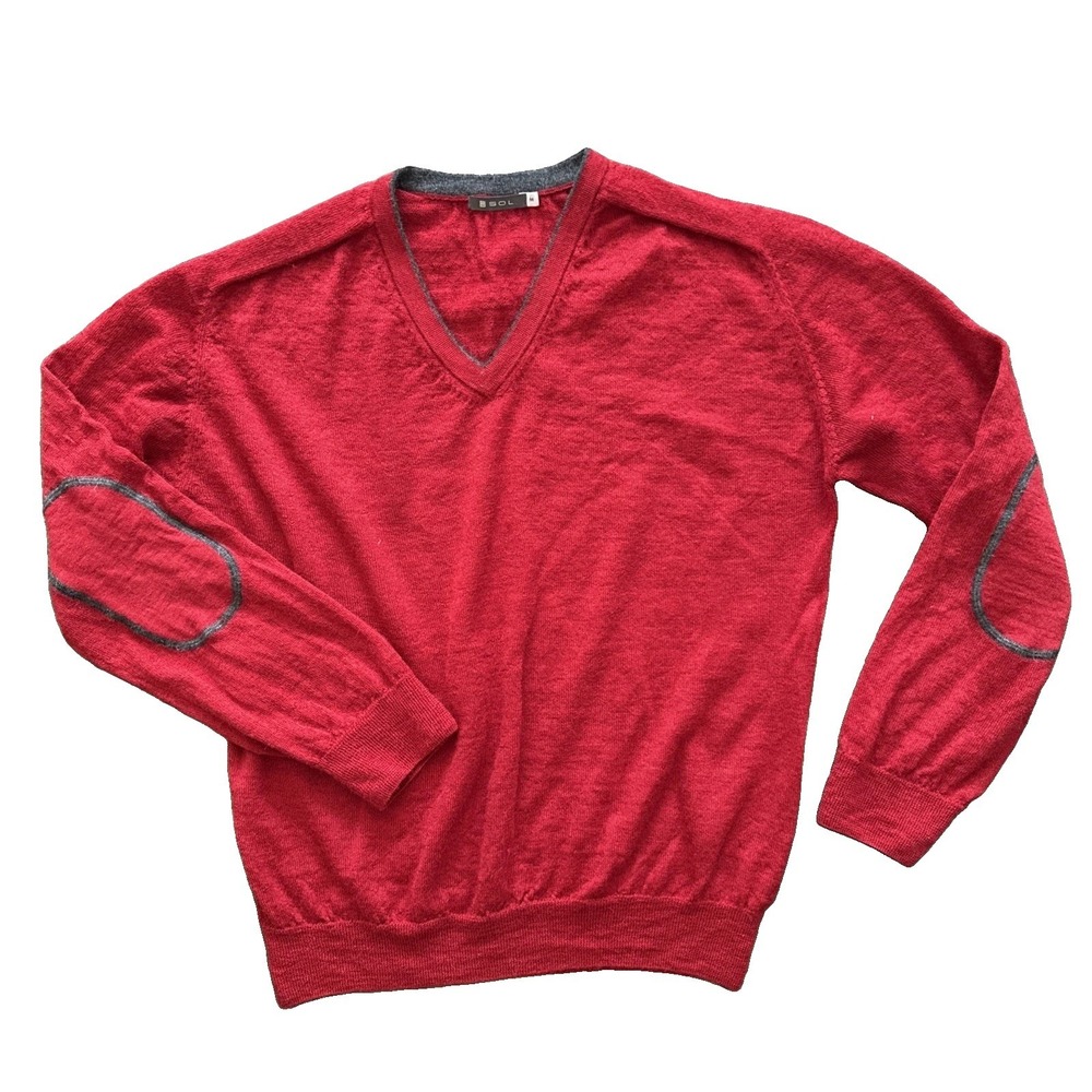 SOL Baby Alpaca Sweater Men Medium Red V Neck Elbow Patch Knit Pullover Peru